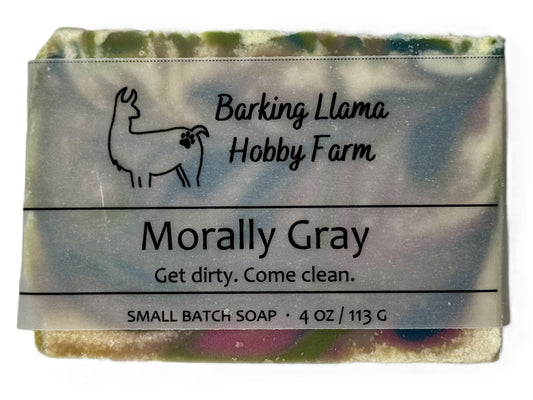 Bar of soap with 'Barking Llama Hobby Farm' branding and 'Morally Gray' label.