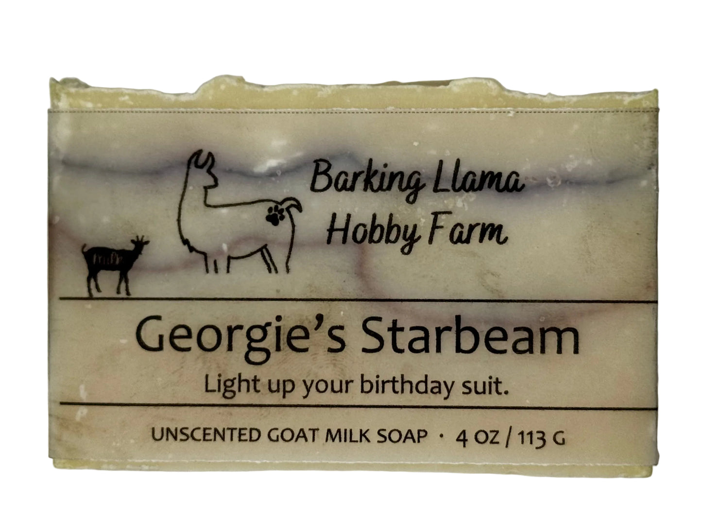 Bar of soap with 'Barking Llama Hobby Farm' branding on a white background. The soap is off-white with pale indigo and red stripes. It is a goat milk soap.