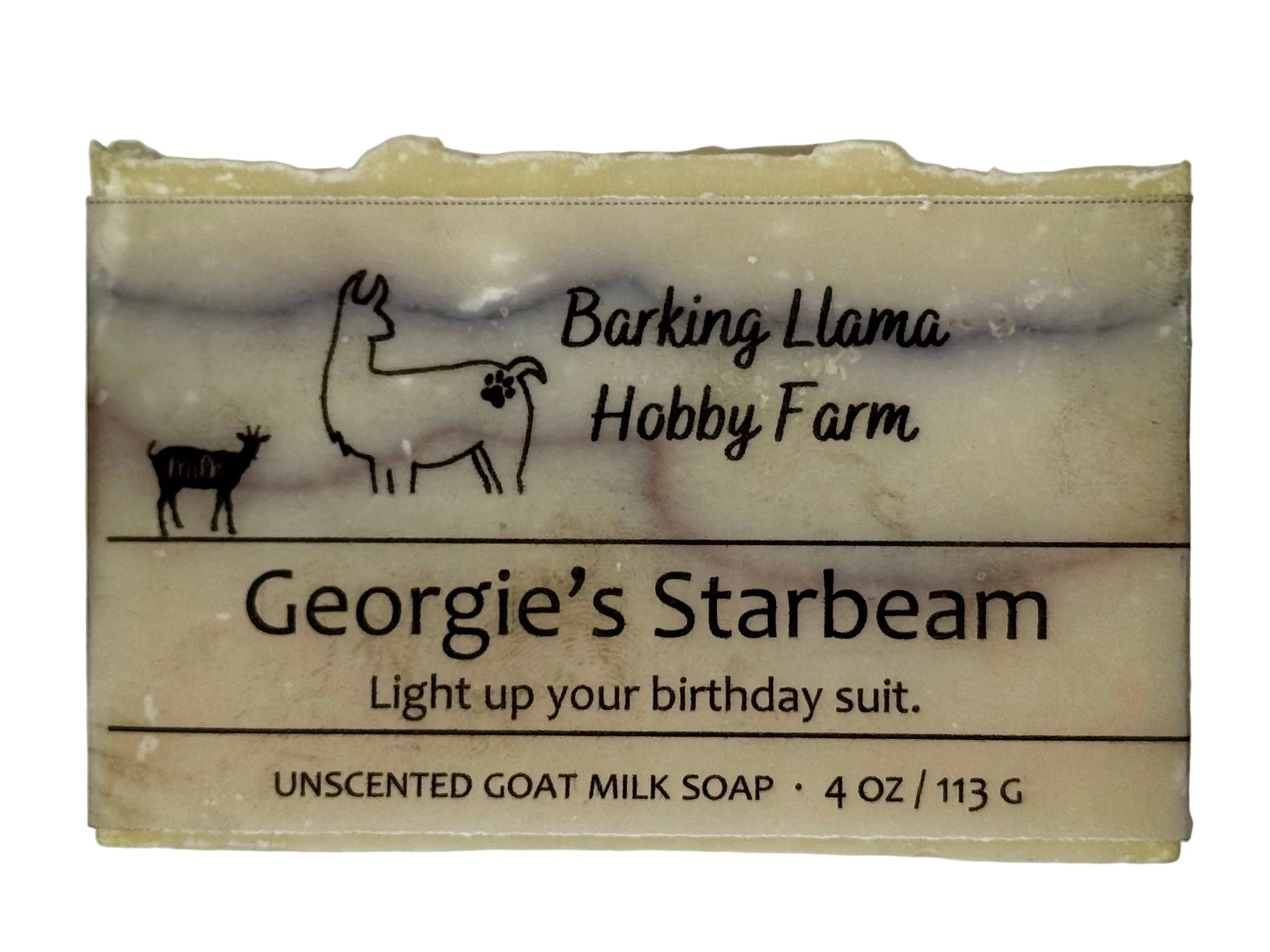 Bar of soap with 'Barking Llama Hobby Farm' branding on a white background. The soap is off-white with pale indigo and red stripes. It is a goat milk soap.
